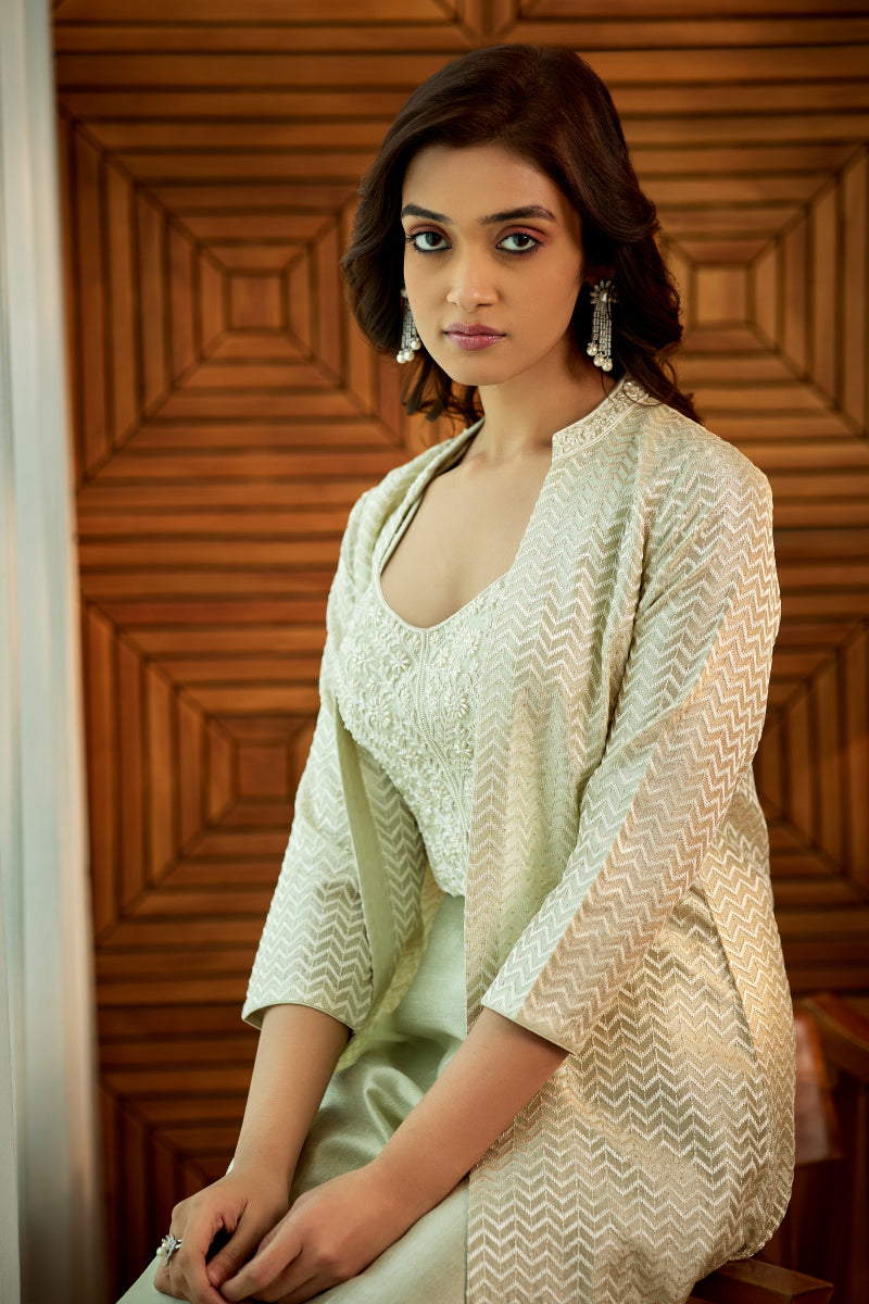 Sea Green fancy pearl embroidered long jacket 3 pcs Indowestern set