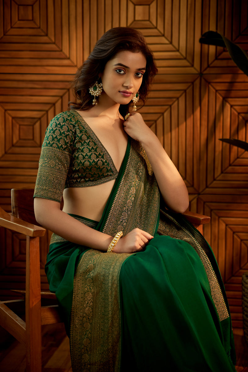 bottle green crepe silk saree