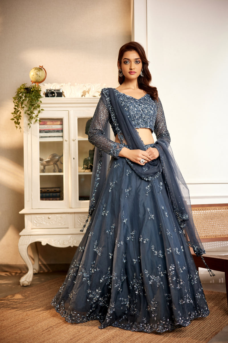 grey organza self embroidered ghagra choli set