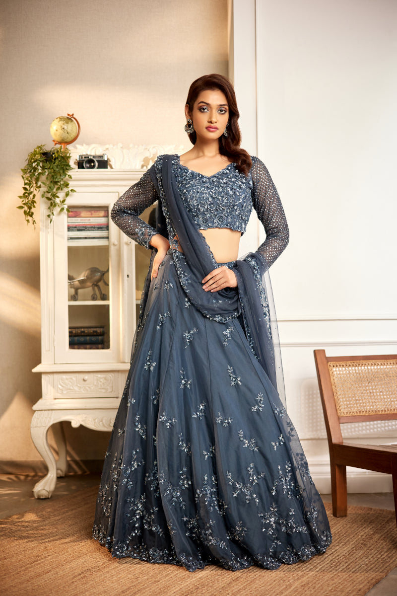 grey organza self embroidered ghagra choli set