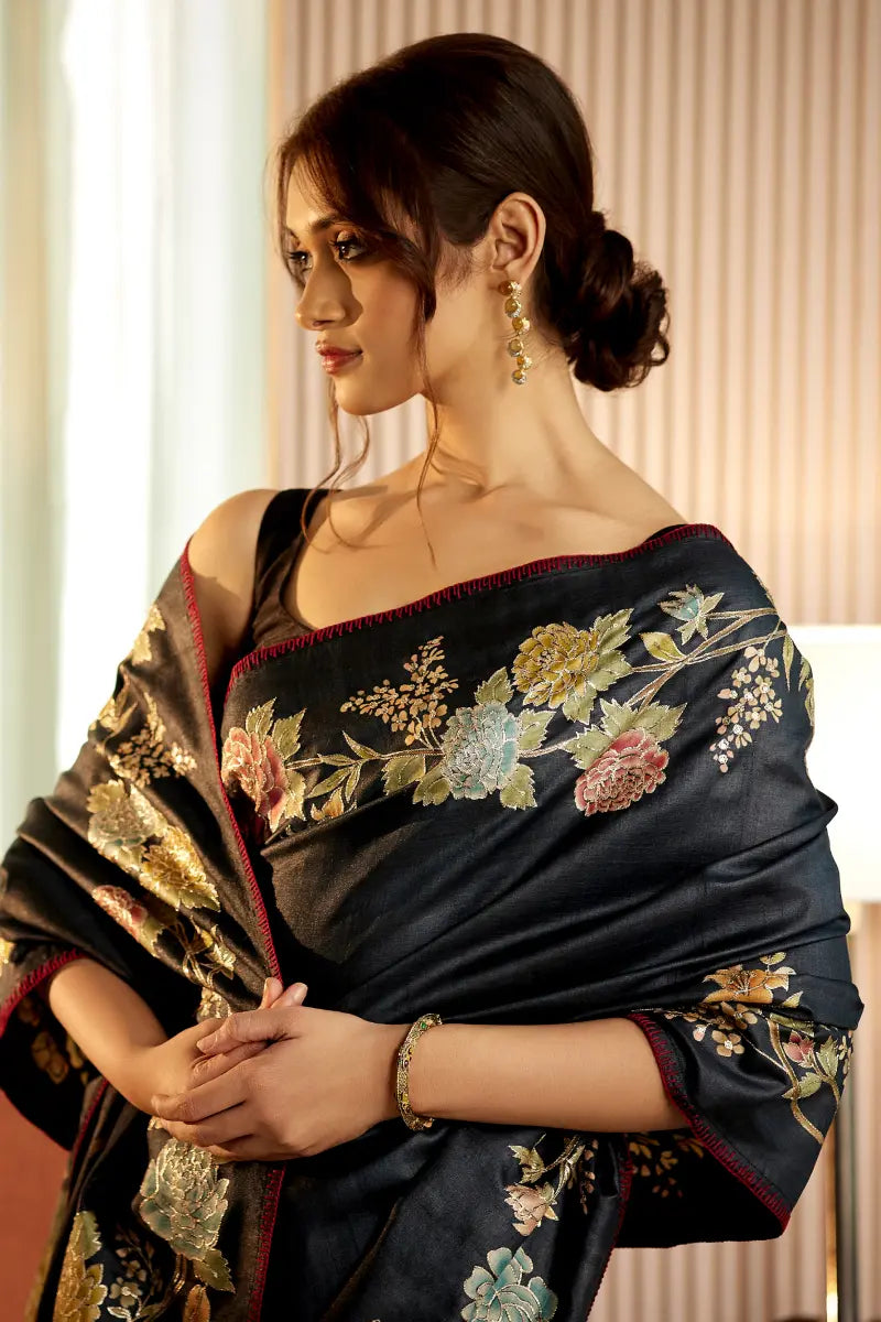 Greyish black tussar silk saree