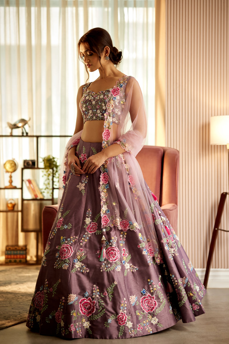 mauve silk multicolour thread embroidered ghagra choli set