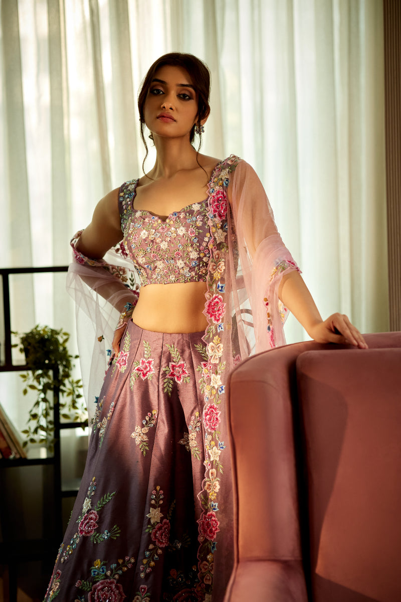mauve silk multicolour thread embroidered ghagra choli set