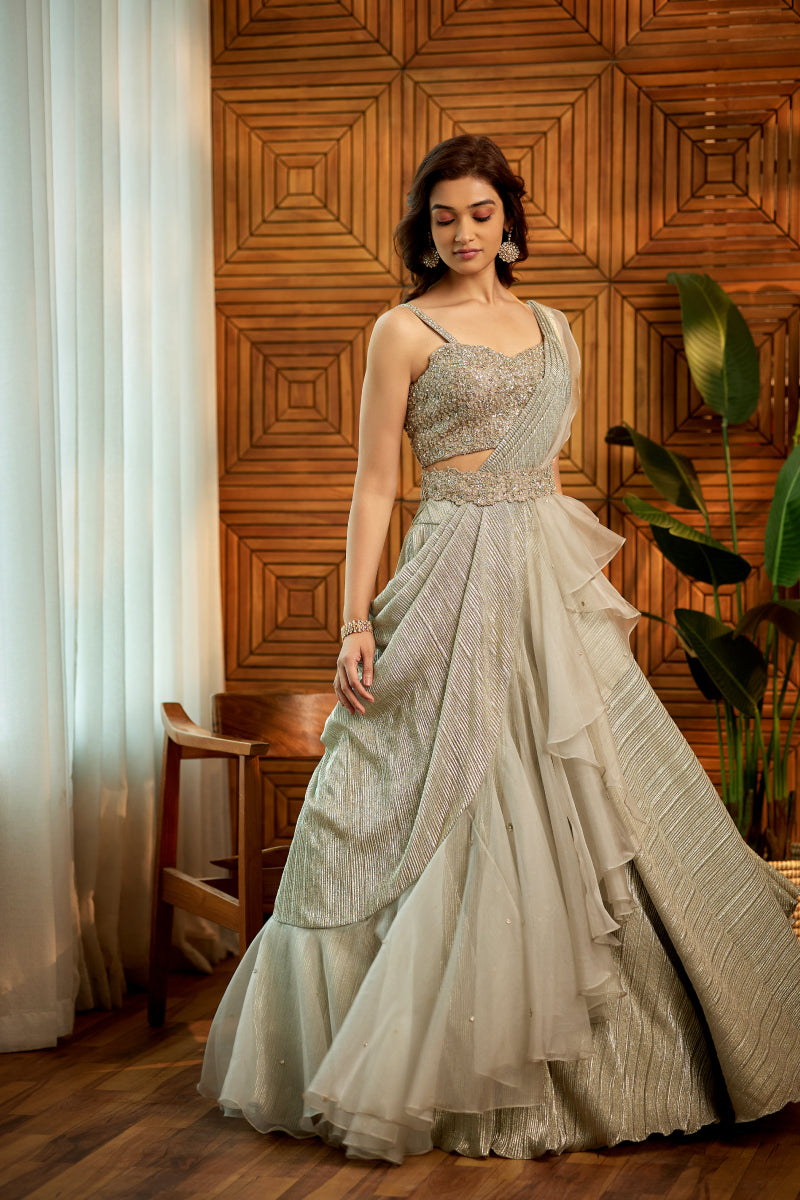 pista green stone sequins Indowestern lehenga