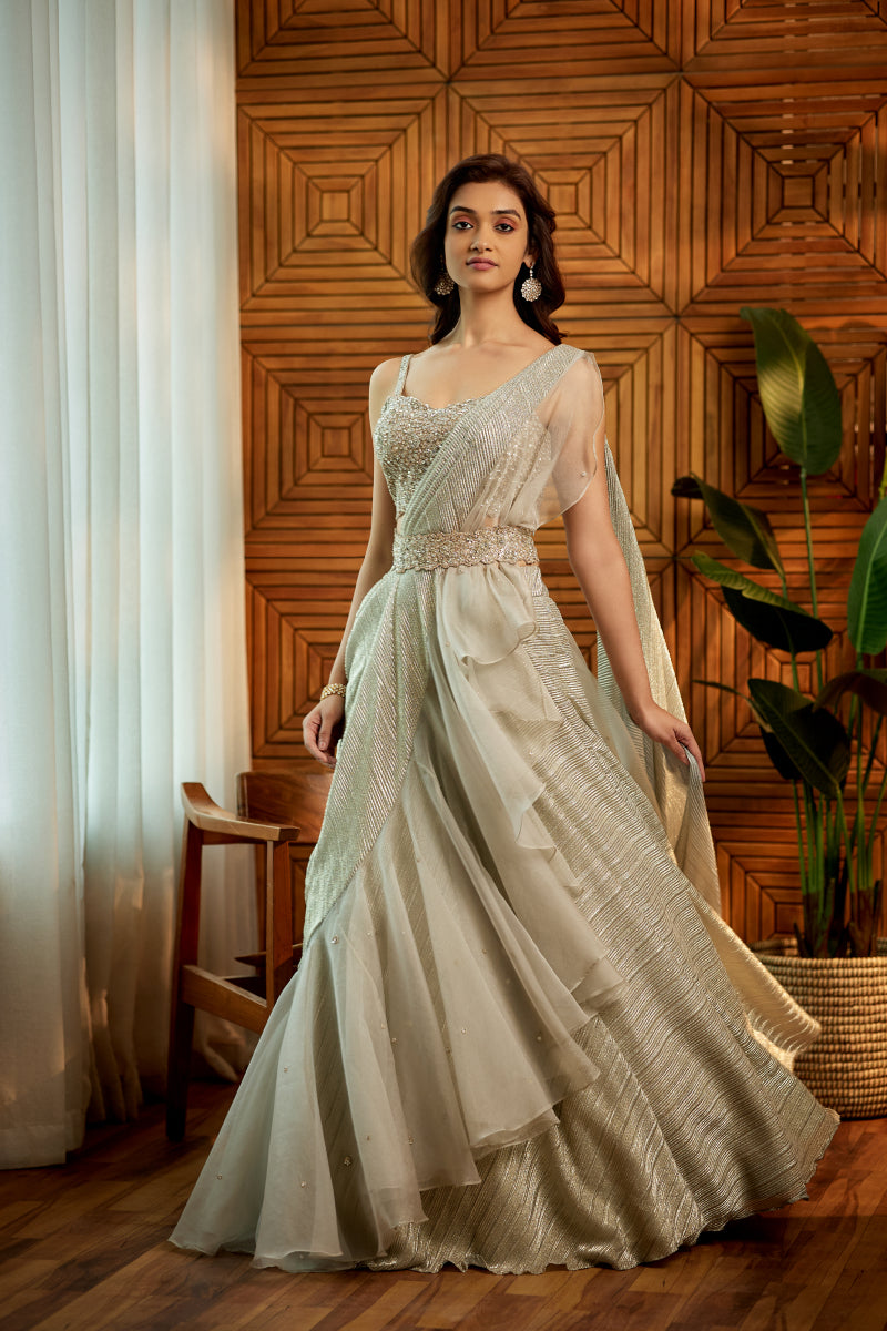 pista green stone sequins Indowestern lehenga