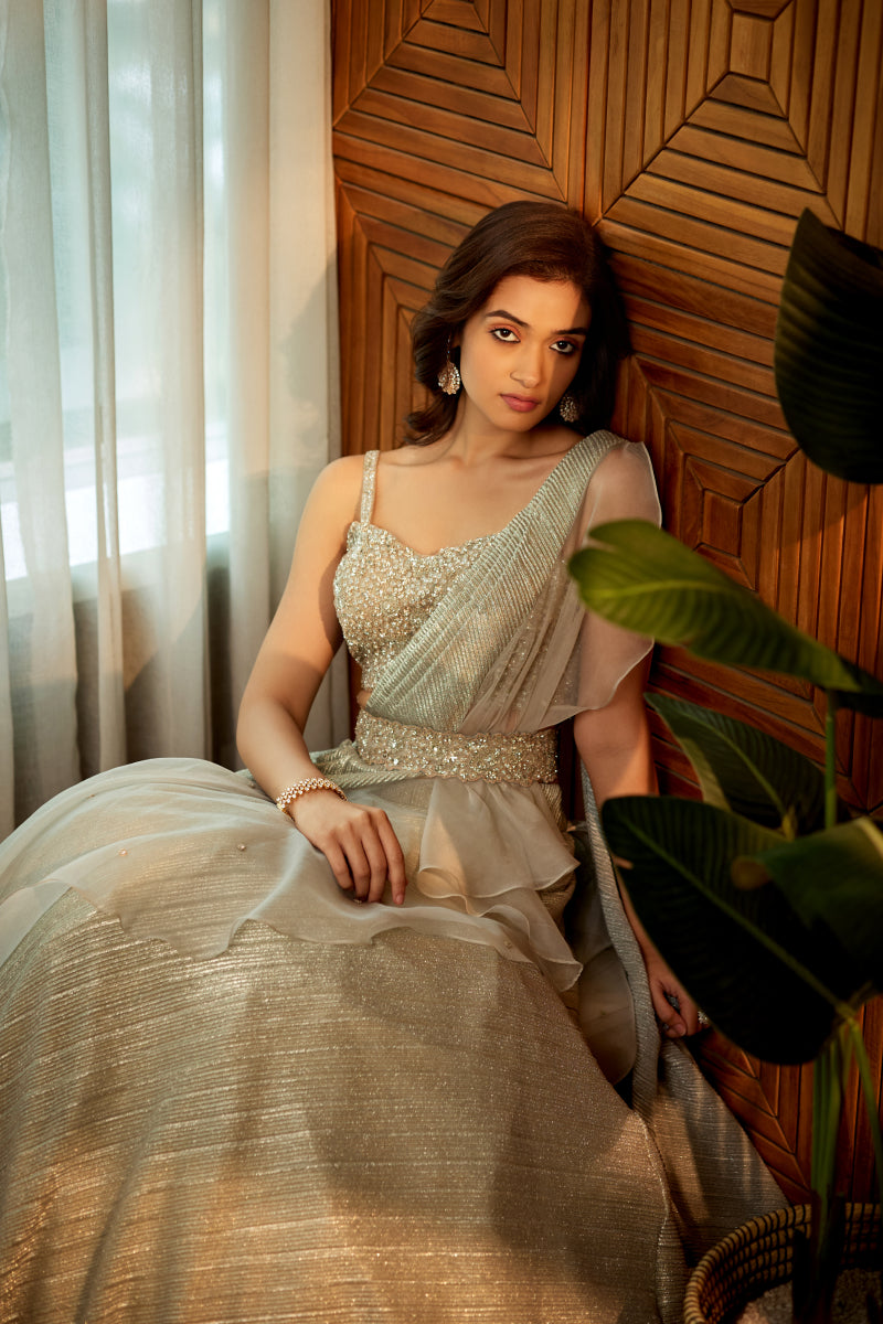 pista green stone sequins Indowestern lehenga
