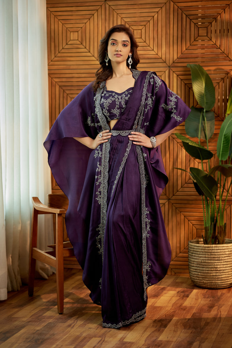 purple embroidered silk saree