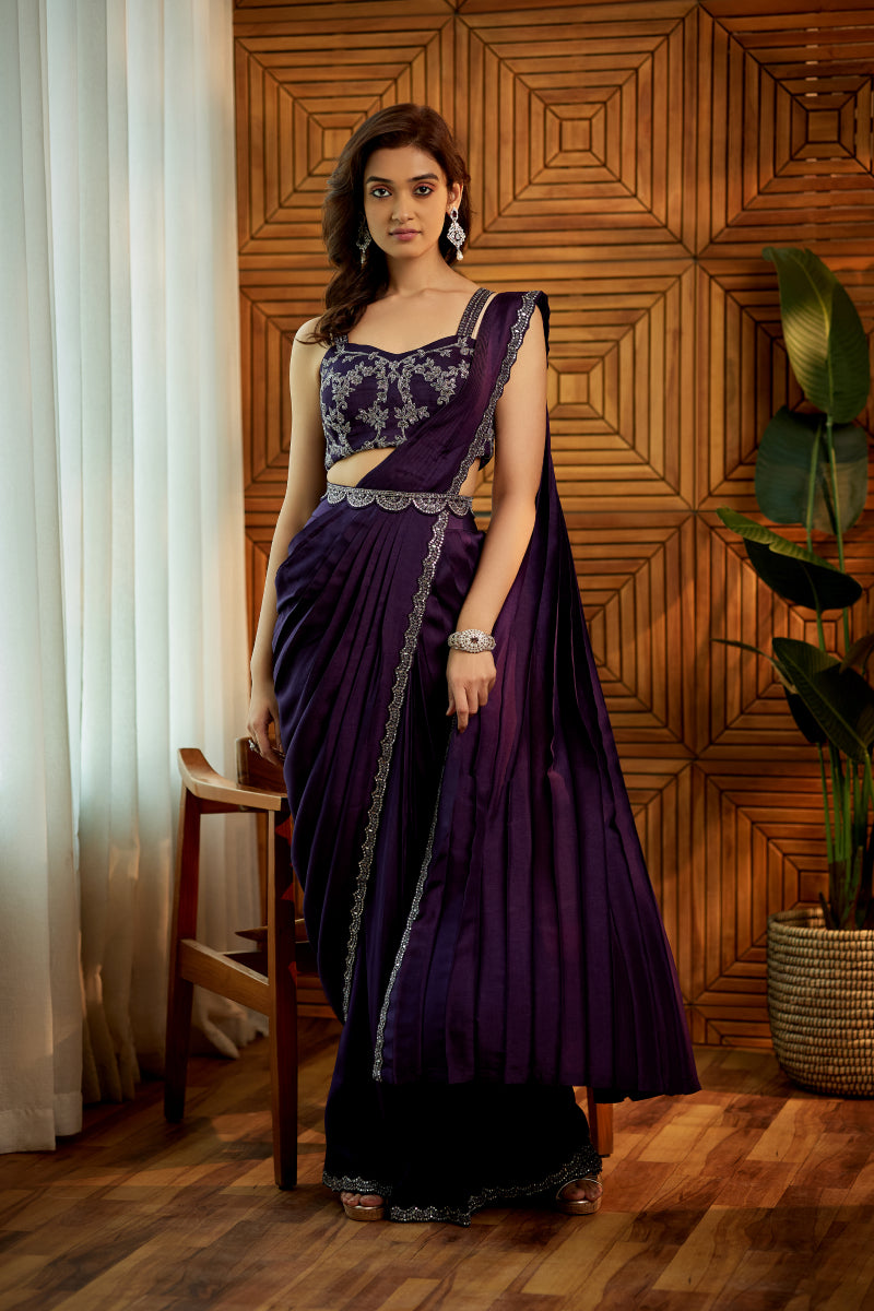 purple embroidered silk saree