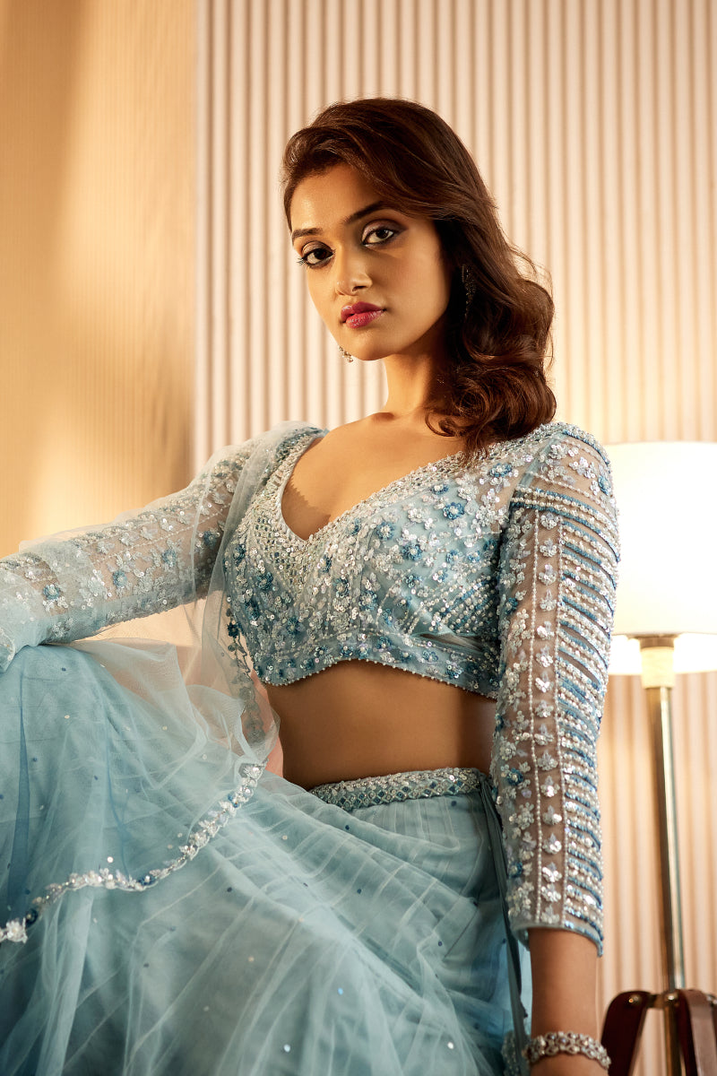 Shaded blue net with sequins ghagra choli set