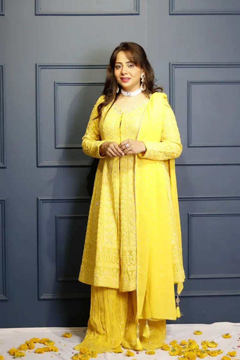 Yellow georgette lucknowi embroidered kurta with palazzo set