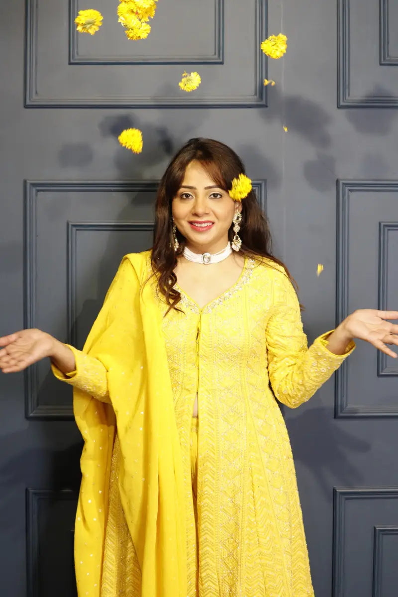 Yellow georgette lucknowi embroidered kurta with palazzo set