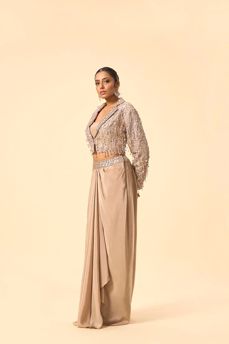 Embellished Crop Jacket with drape skirt