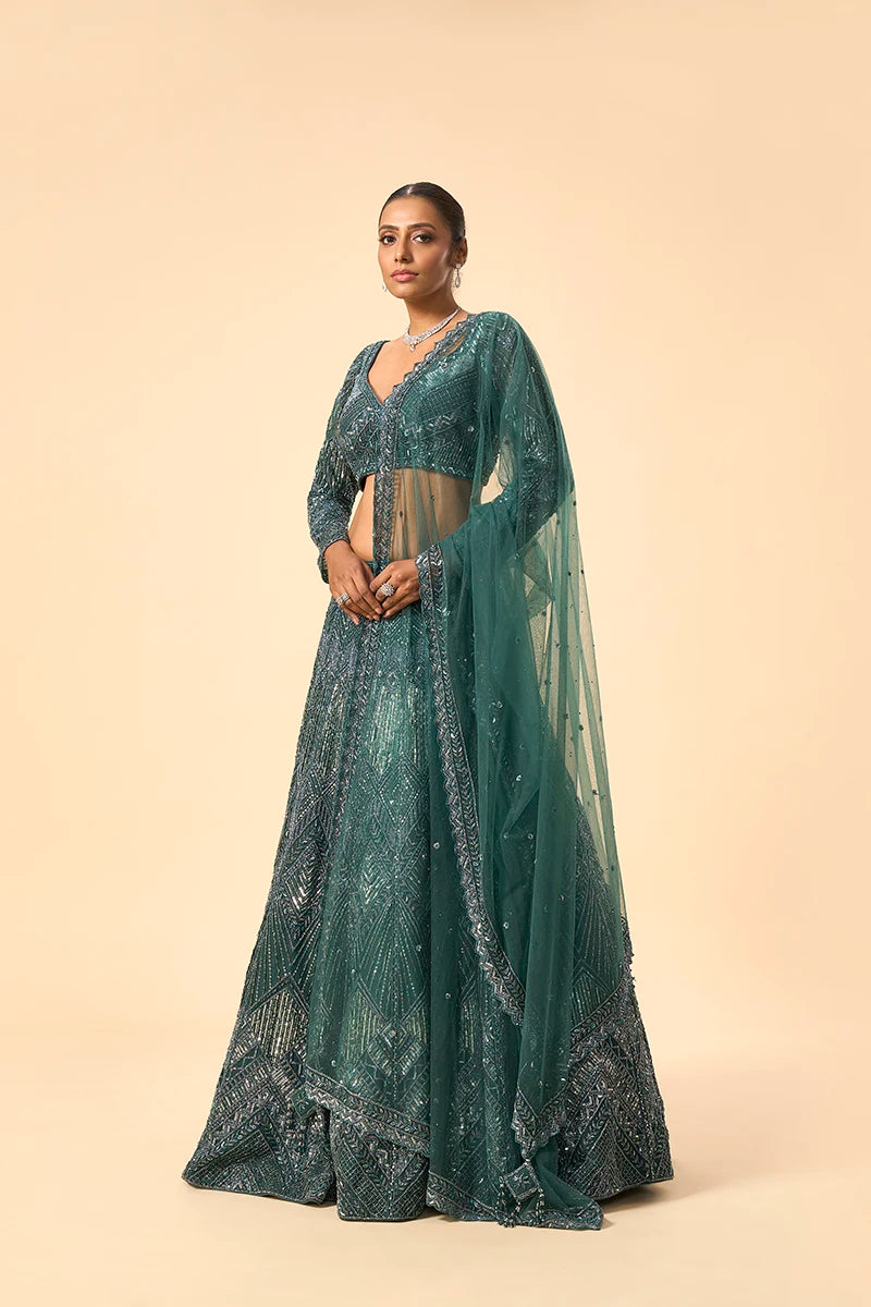 Emerald Green Sequin & Katdana Embroidered Lehenga.