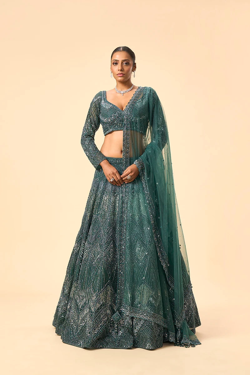 Emerald Green Sequin & Katdana Embroidered Lehenga.