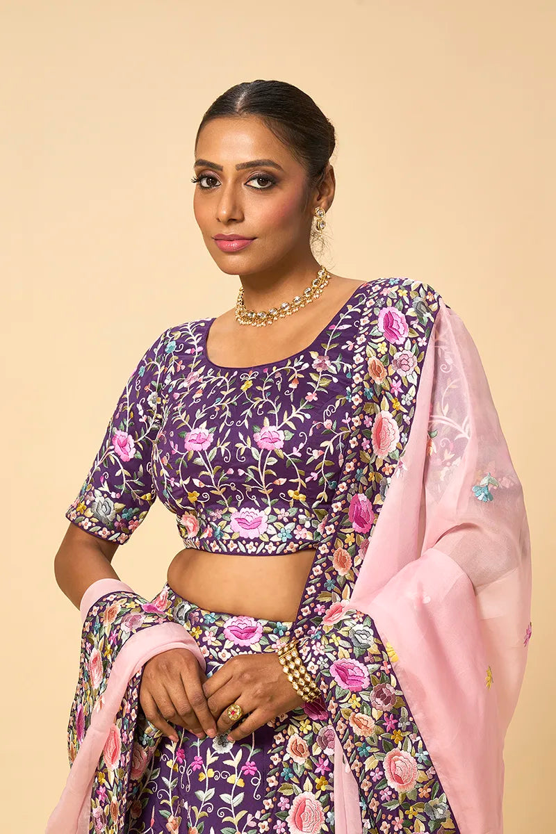 Floral Parsi Gara Embroidery Lehenga Set
