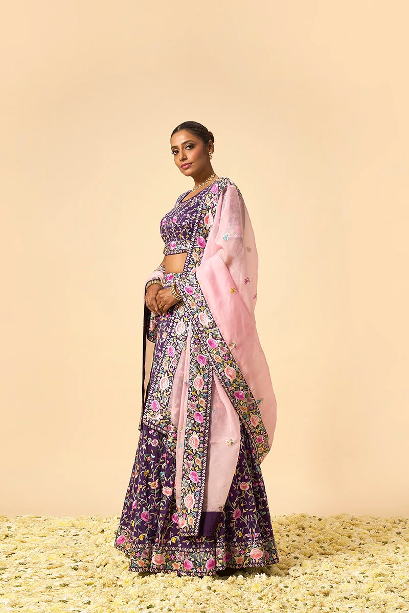 Floral Parsi Gara Embroidery Lehenga Set