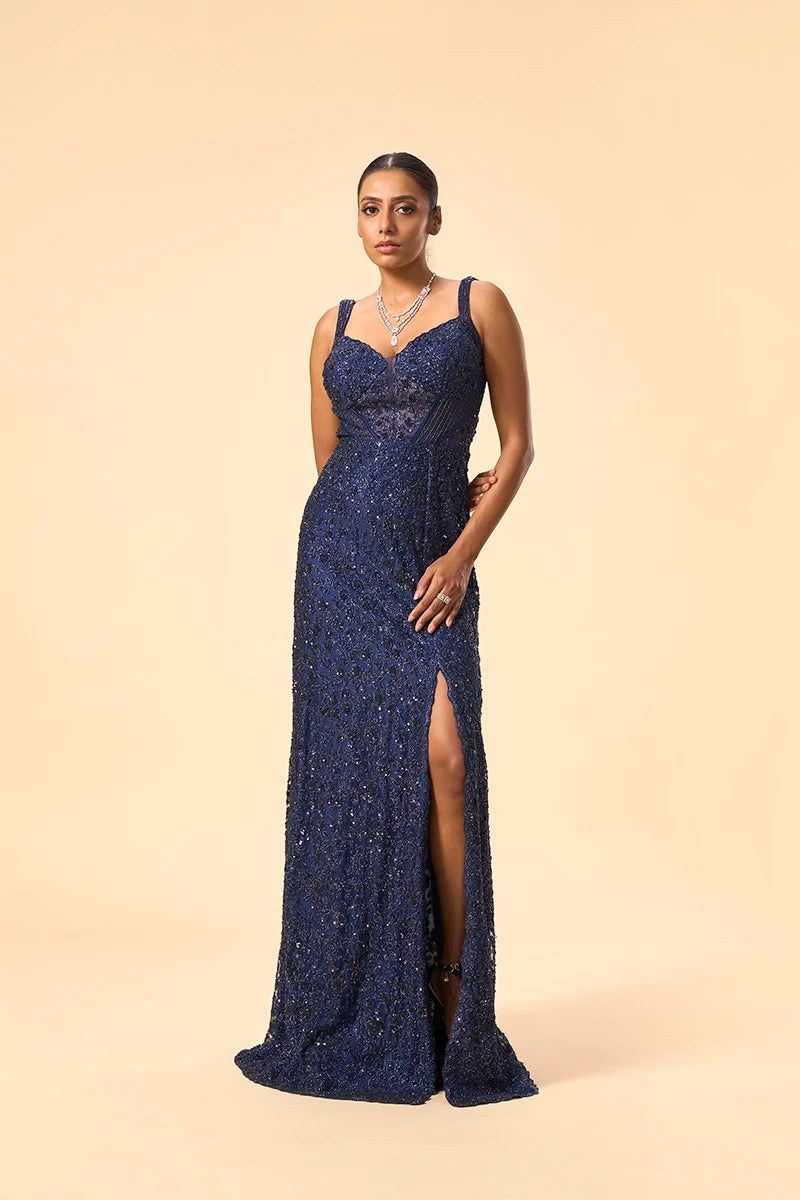 Midnight Blue Sequin Embellished Slit Gown with Katdana and Stone Work on Net Fabric