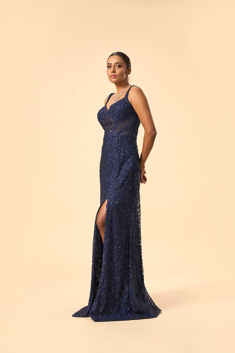 Midnight Blue Sequin Embellished Slit Gown with Katdana and Stone Work on Net Fabric