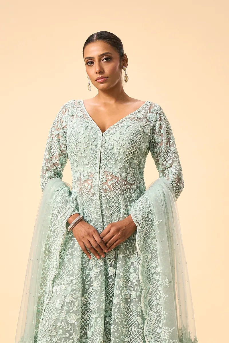 Mint Green Sequin & Pearl Embellished Sharara Set