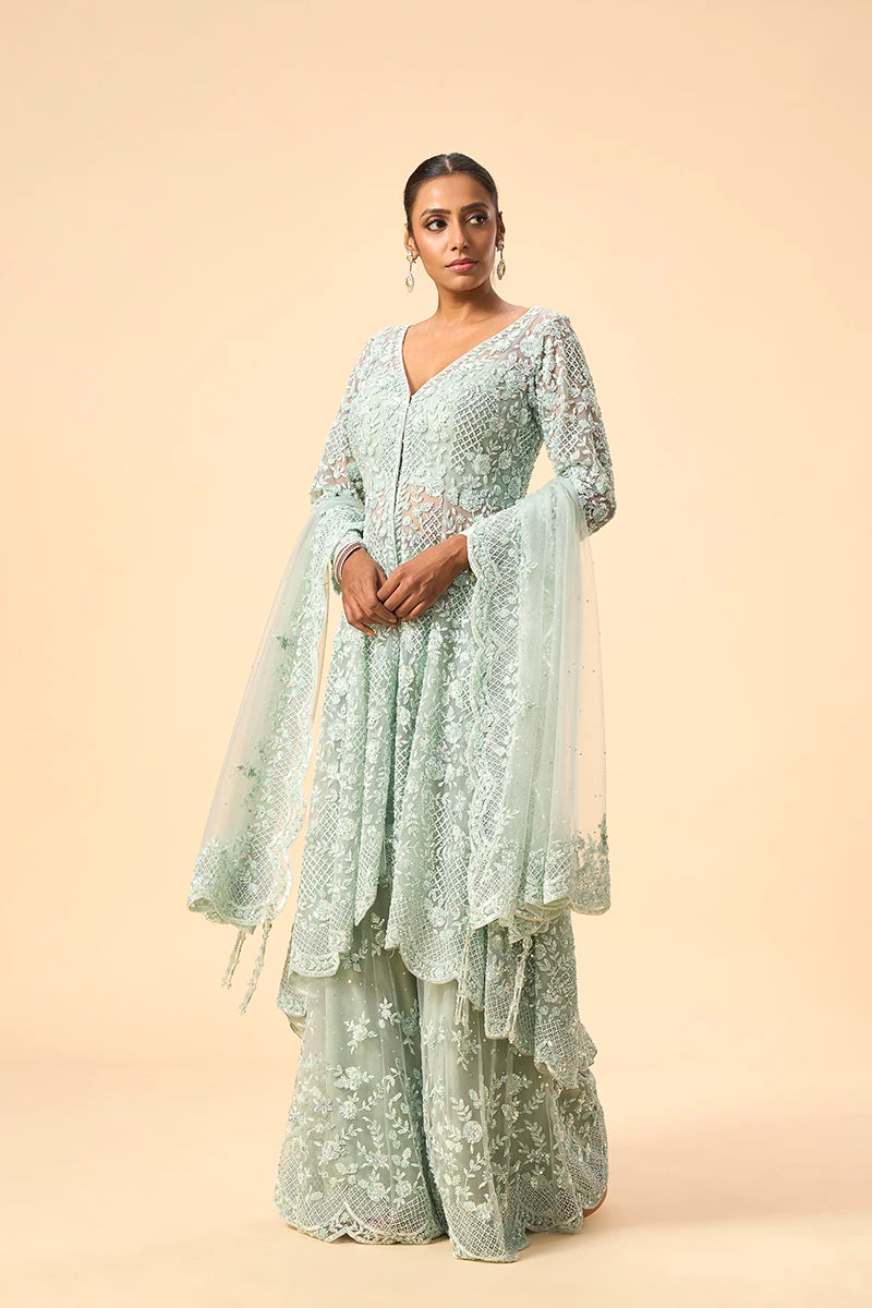 Mint Green Sequin & Pearl Embellished Sharara Set