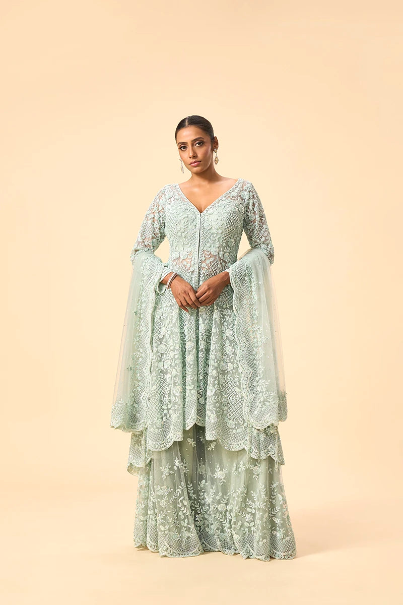 Mint Green Sequin & Pearl Embellished Sharara Set