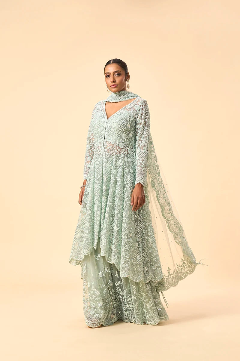 Mint Green Sequin & Pearl Embellished Sharara Set