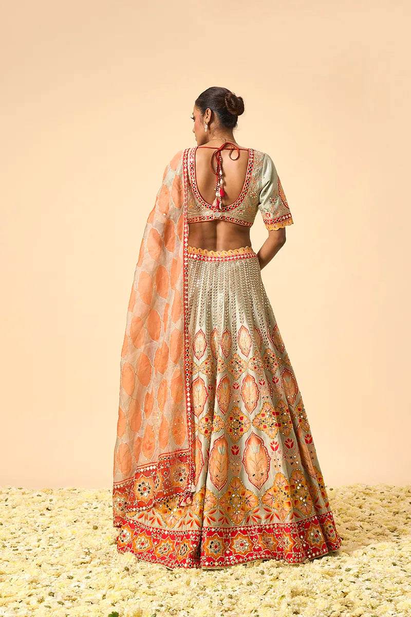 Multicolor Hand-Brushed Digital Printed Raw Silk Lehenga Set