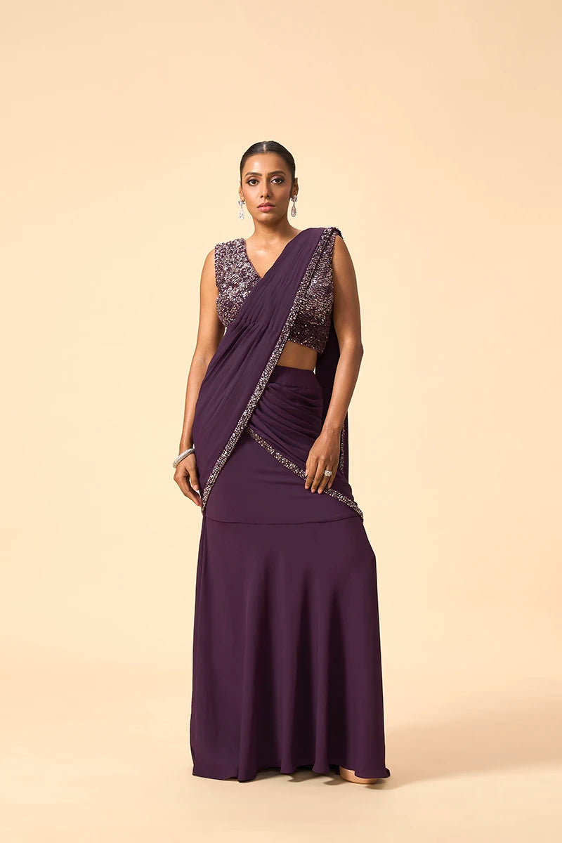 Purple Sequin Pre-Draped Saree
