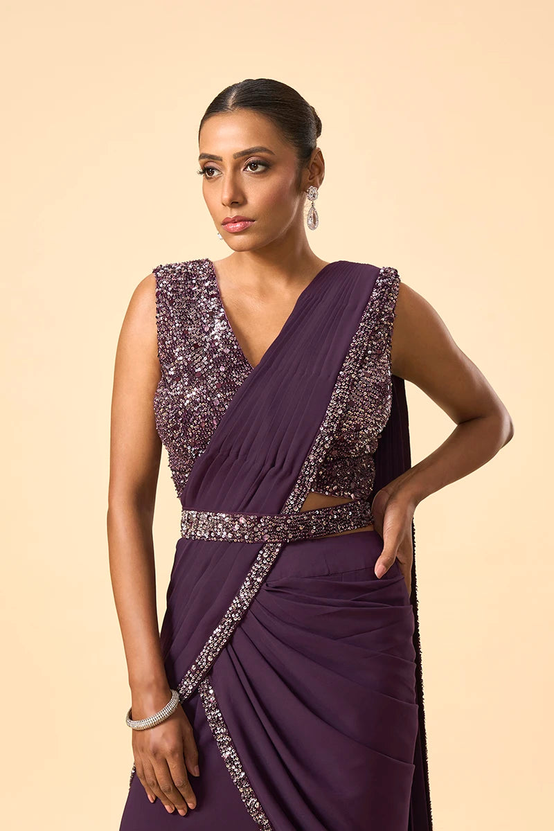 Purple Sequin Pre-Draped Saree