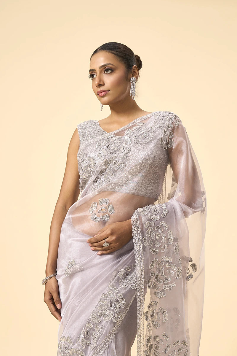 Silver Shimmer Glass Tissue Saree