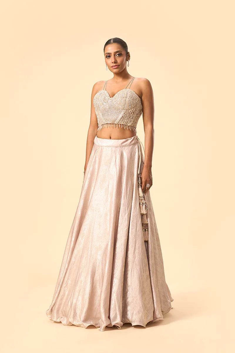 Silver Corset Blouse with Crape Lehenga