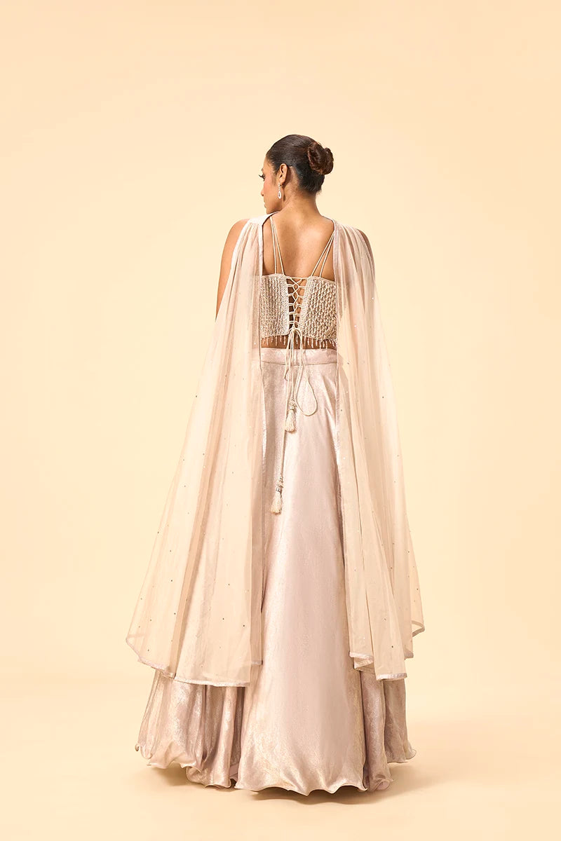 Silver Corset Blouse with Crape Lehenga