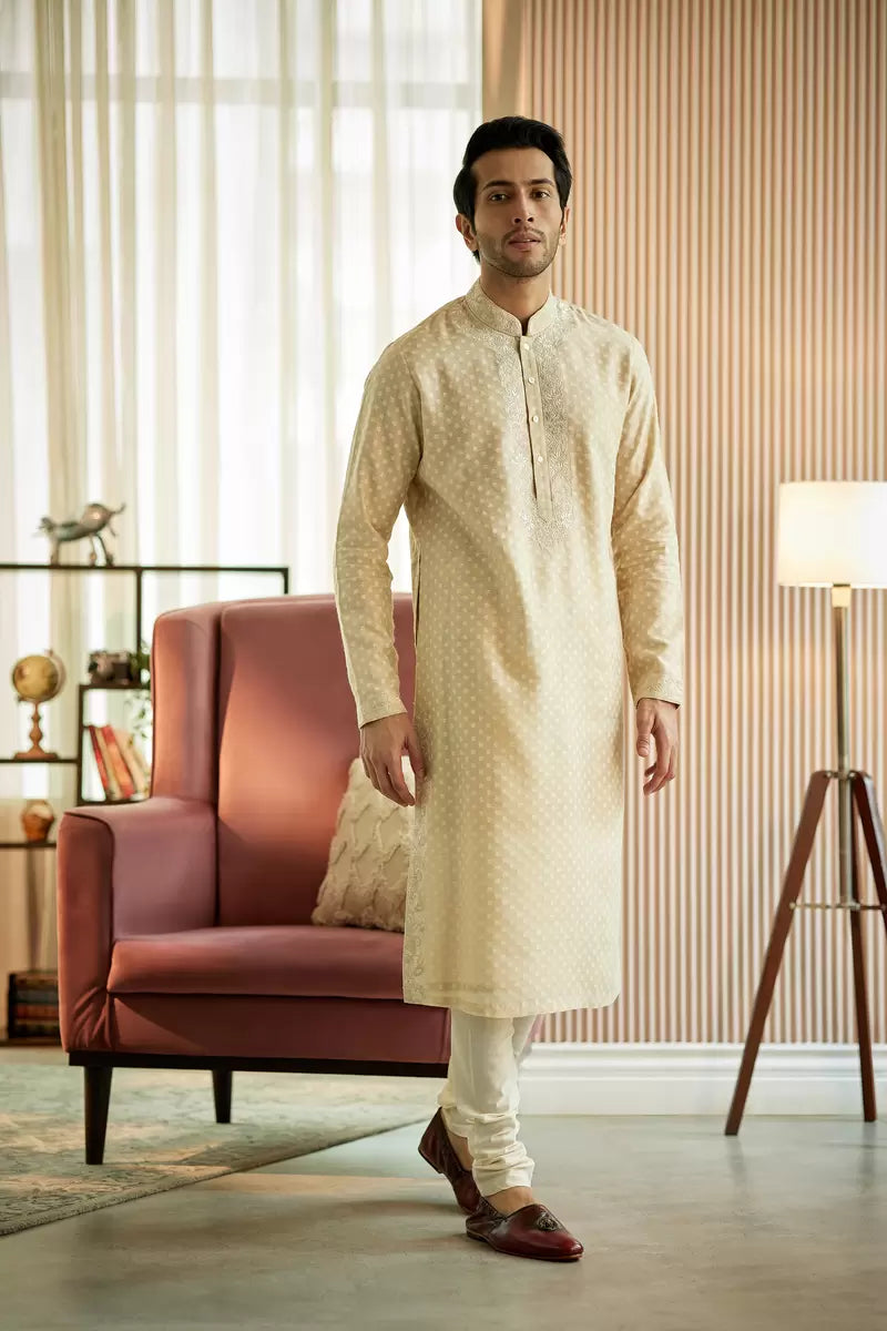 Beige Chanderi Silk Kurta Set - benzerworld