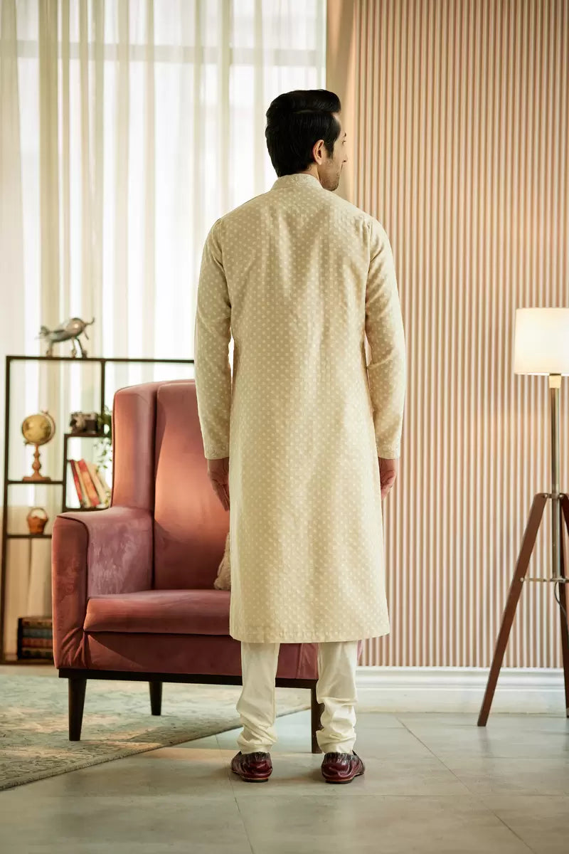 Beige Chanderi Silk Kurta Set - benzerworld