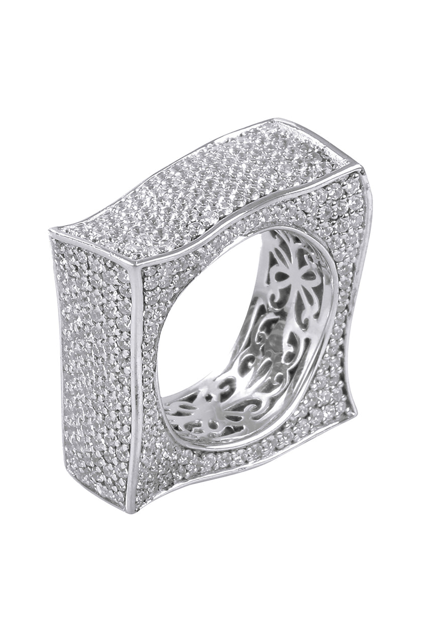 A closeup of an abstract square silver cubic zirconia ring from BenzerWorld ethnicwear store.