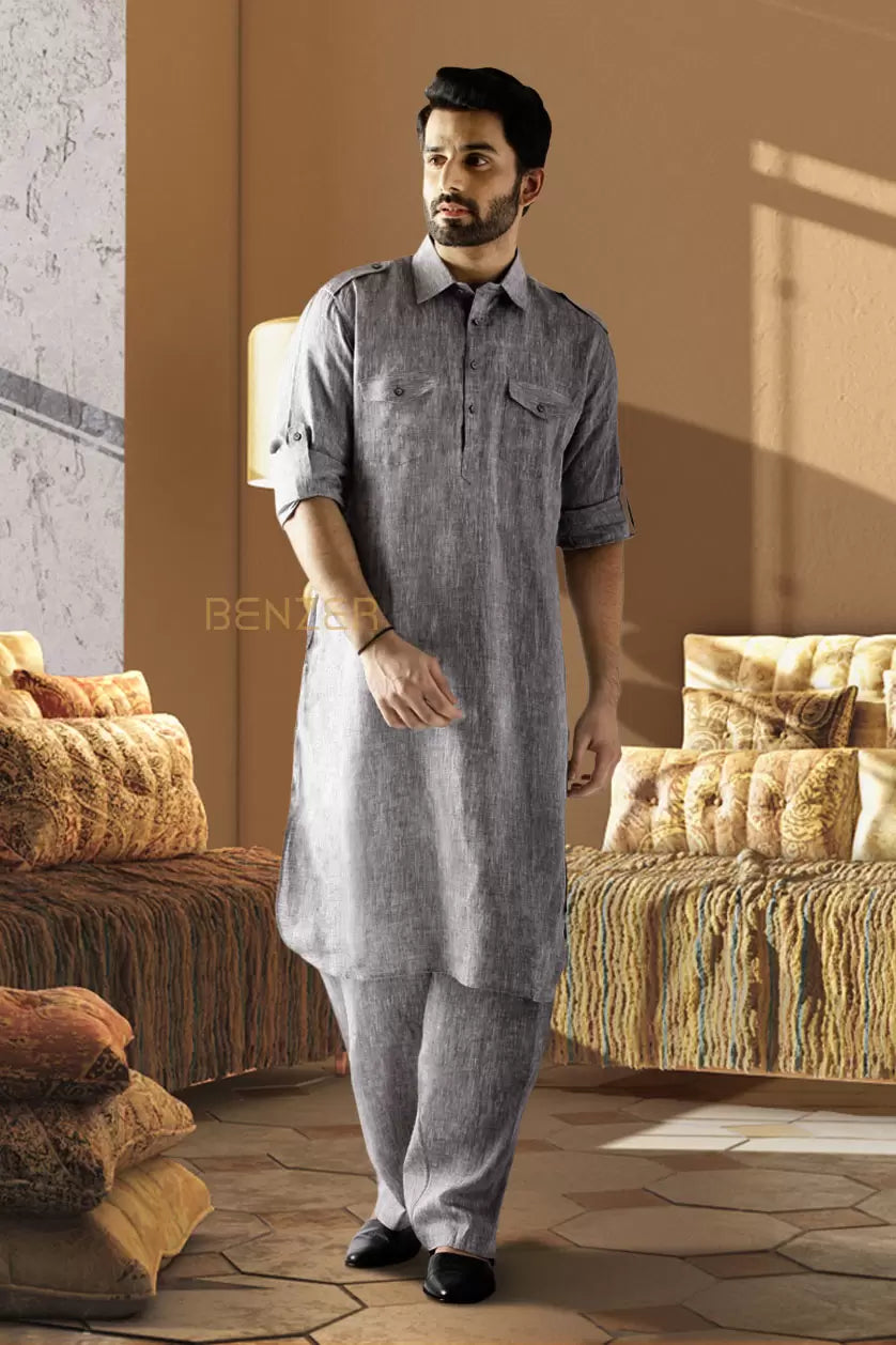A man in an ash grey linen pathani set from BenzerWorld ethnicwear store.