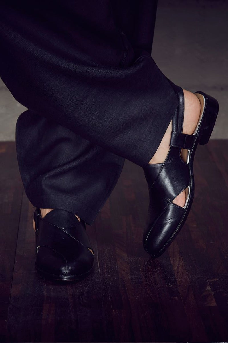Black leather overlapped sandals from BenzerWorld ethnicwear store.