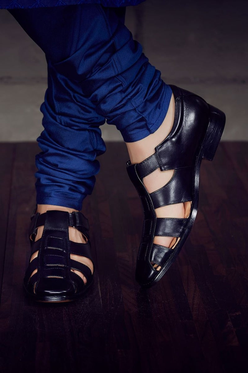 Black pure leather sandals from BenzerWorld ethnicwear store.