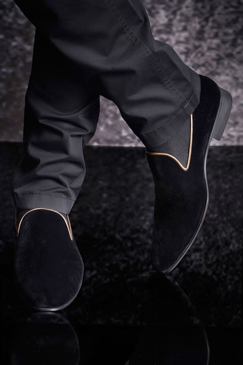 Black velvet designer shoes from BenzerWorld ethnicwear store.