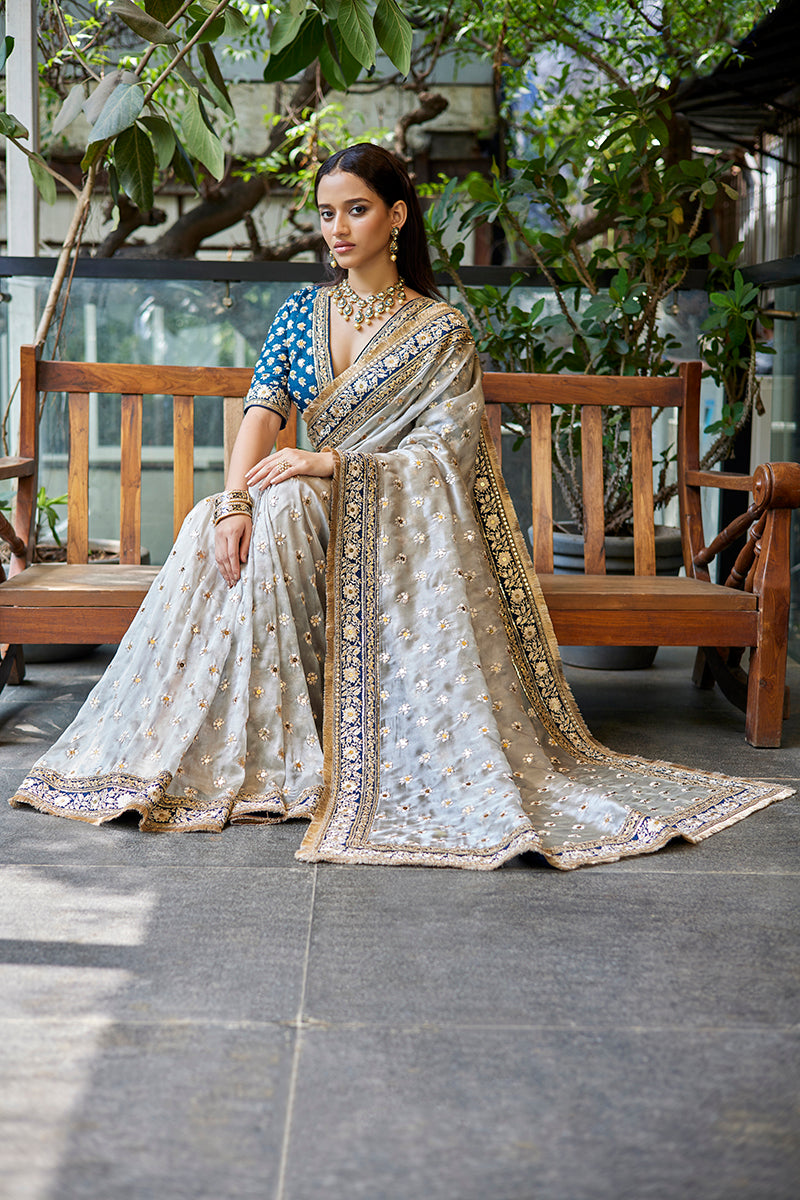 Blue-Grey Tissue Organza Saree