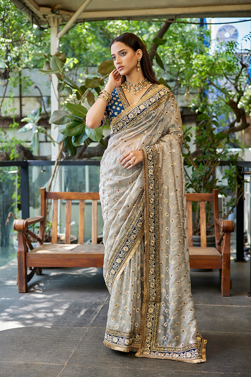 Blue-Grey Tissue Organza Saree