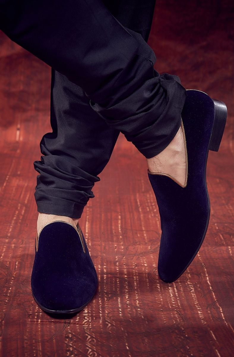 Purple velvet designer shoes from BenzerWorld ethnicwear store.
