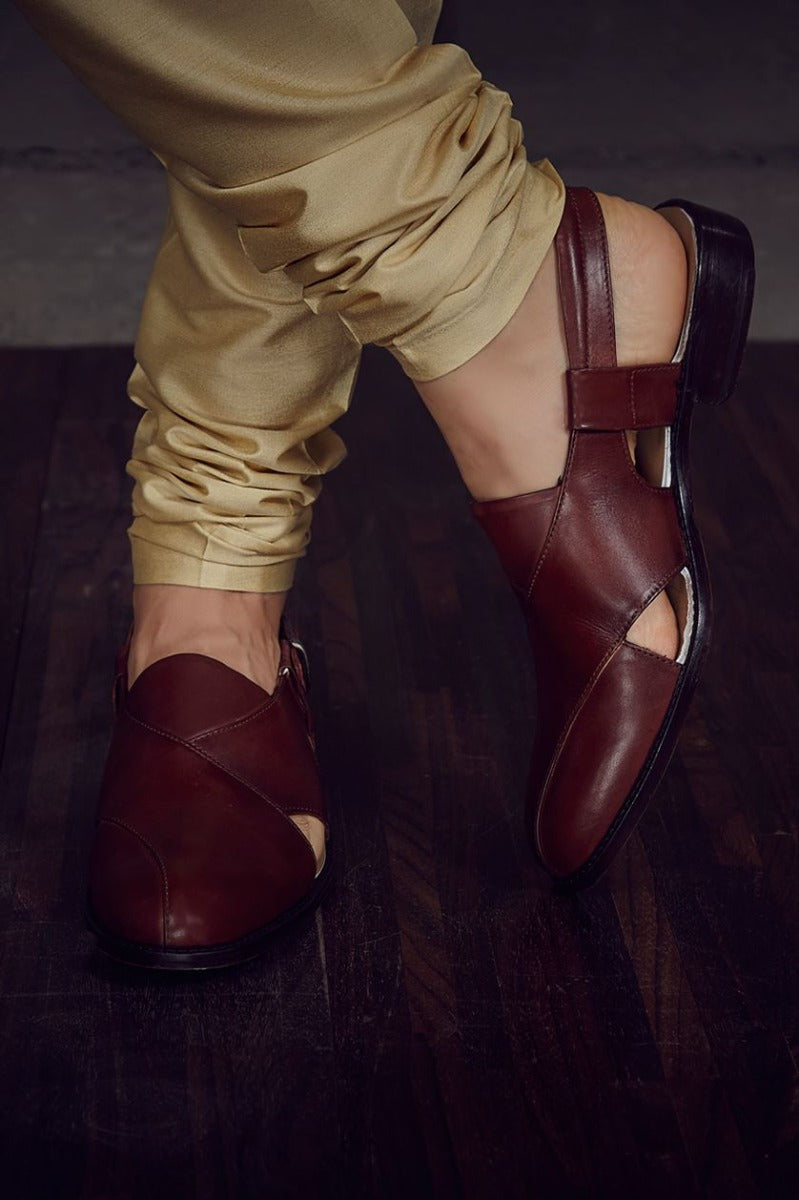 Brown leather overlapped sandals from BenzerWorld ethnicwear store.