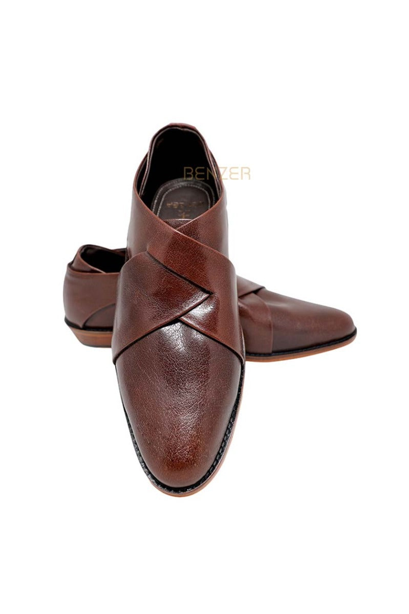 Brown leather overlapped shoes from BenzerWorld ethnicwear store.