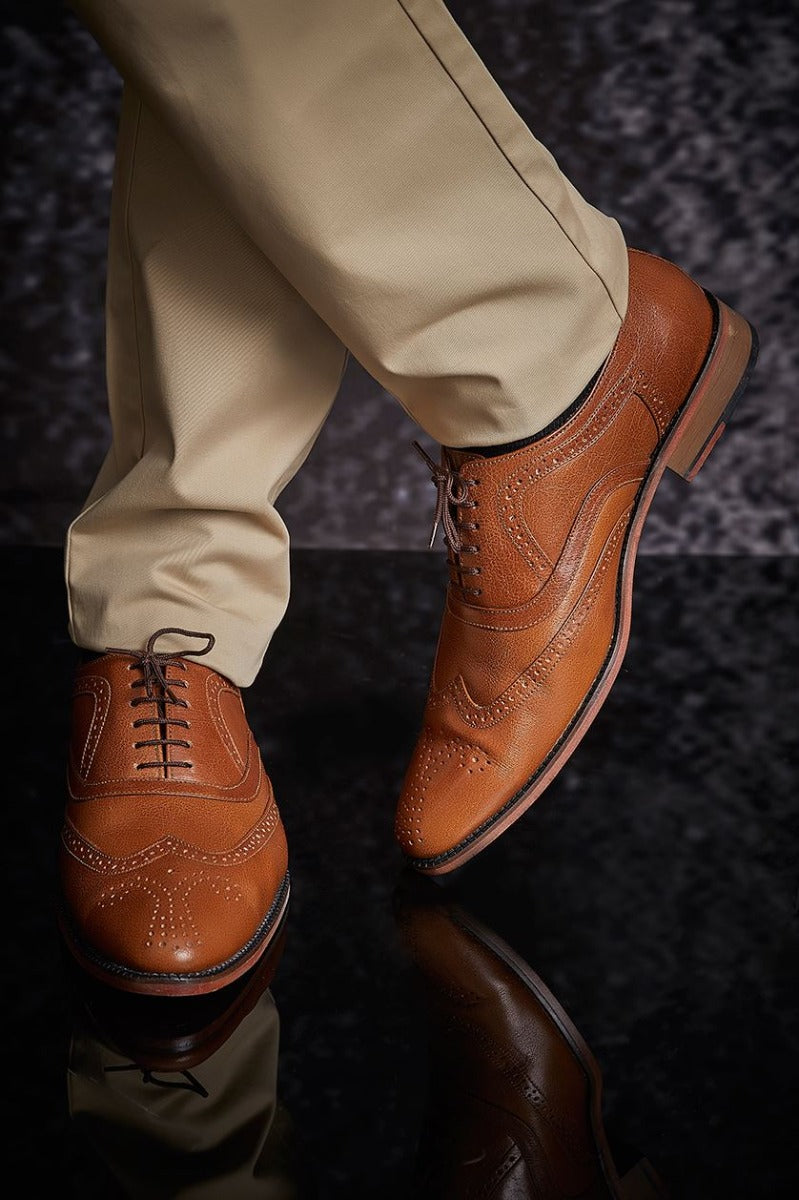 Tan pure leather pattern shoes from BenzerWorld ethnicwear store.