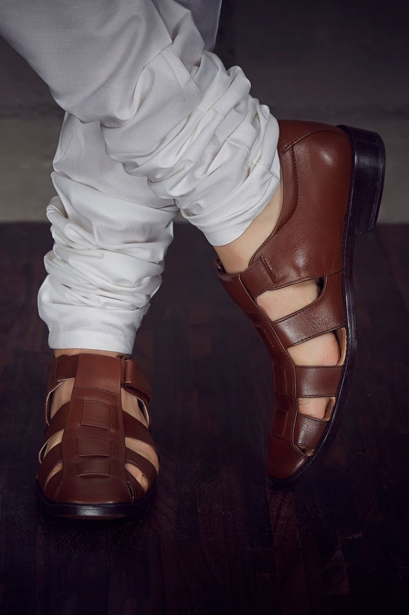 Brown pure leather sandals from BenzerWorld ethnicwear store.