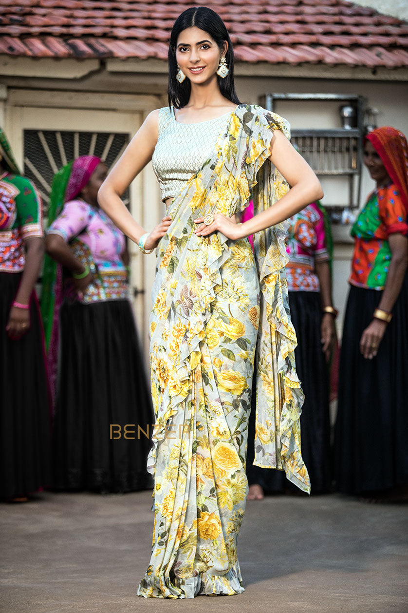 cement grey georgette digital printed saree
