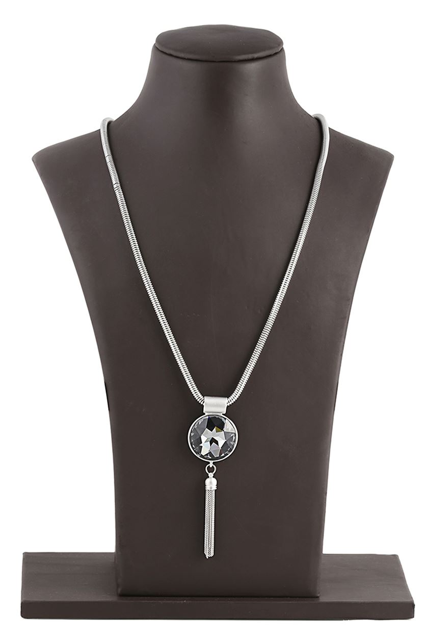 A closeup of a circular grey pendant necklace from BenzerWorld ethnicwear store.