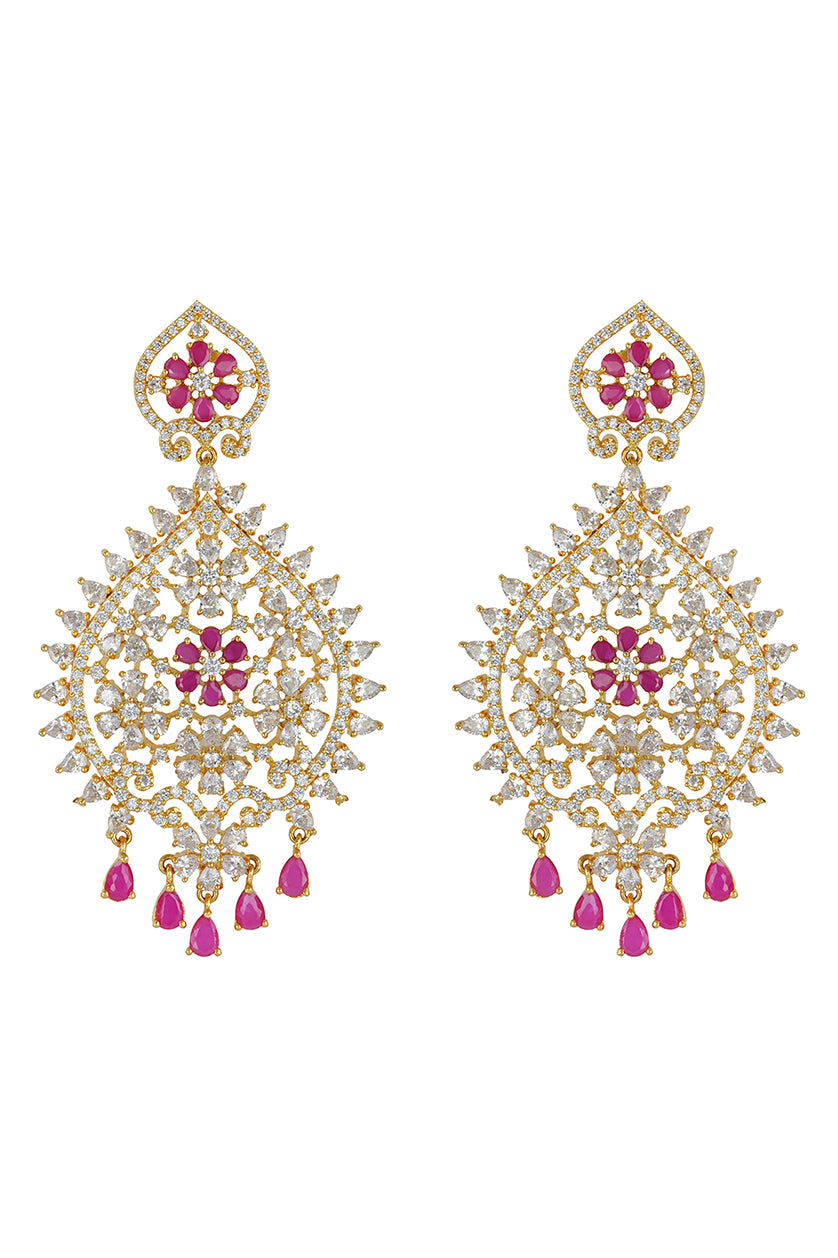 A closeup of cubic zircon earrings with ruby stones from BenzerWorld ethnicwear store.