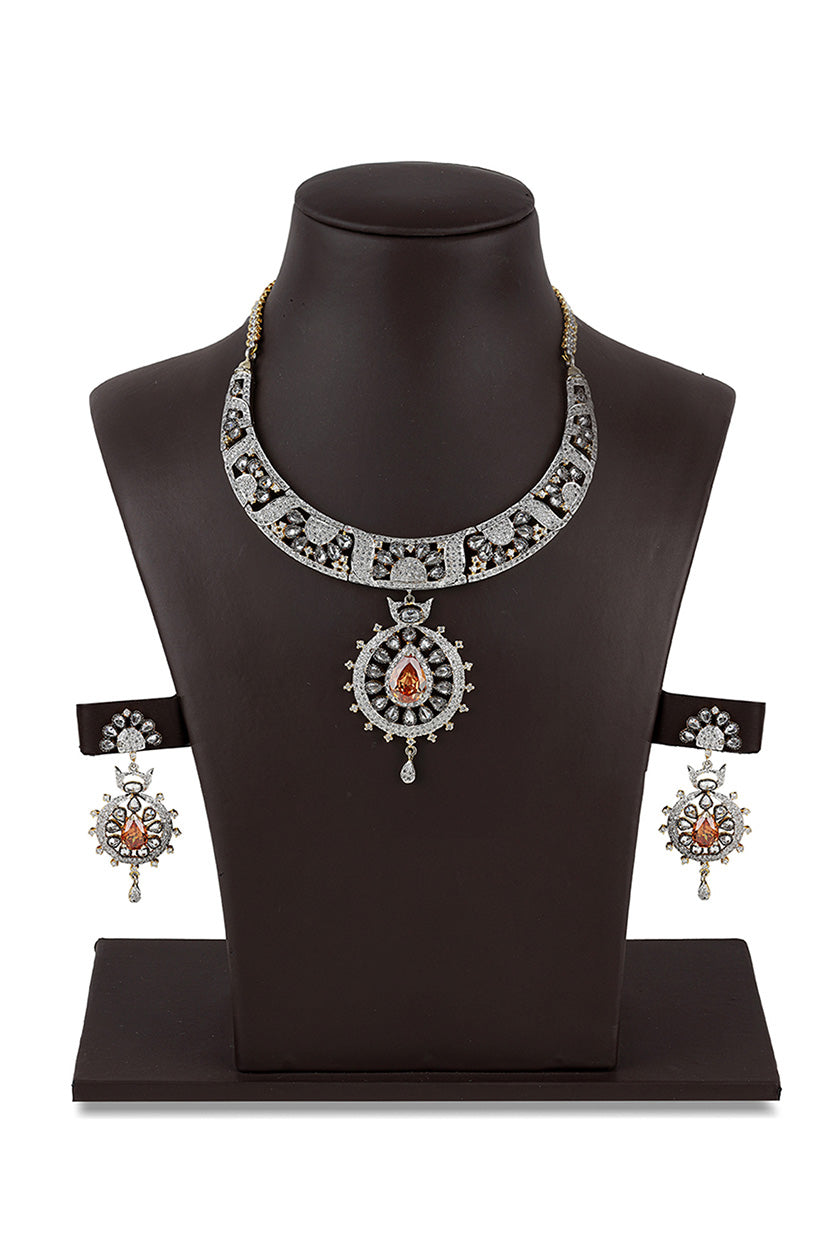 A closeup of a cubic zirconia set with topaz from BenzerWorld ethnicwear store.